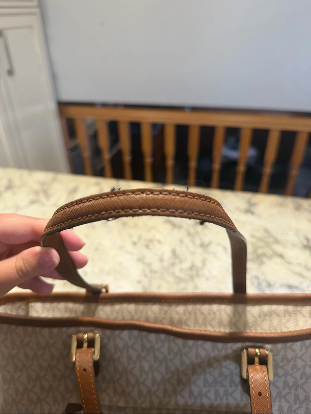 Michael Kors Jet Set Travel White Signature MK Tote with Brown Leather Trim